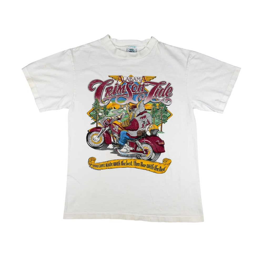 Vtg 80s Alabama Crimson Tide Big Al Biker Elephant T-Shirt M (Fits S) White USA